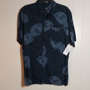 Hurley Blue Black Leaf Short Sleeve Shirt M L NEW